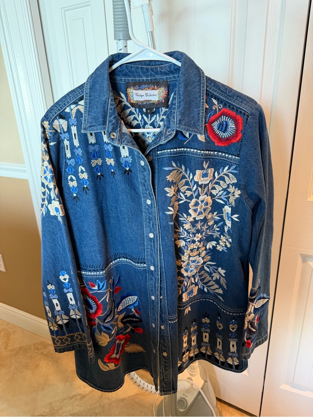 Johnny Was Dark Blue Embroidered Denim Jacket with Red Accents